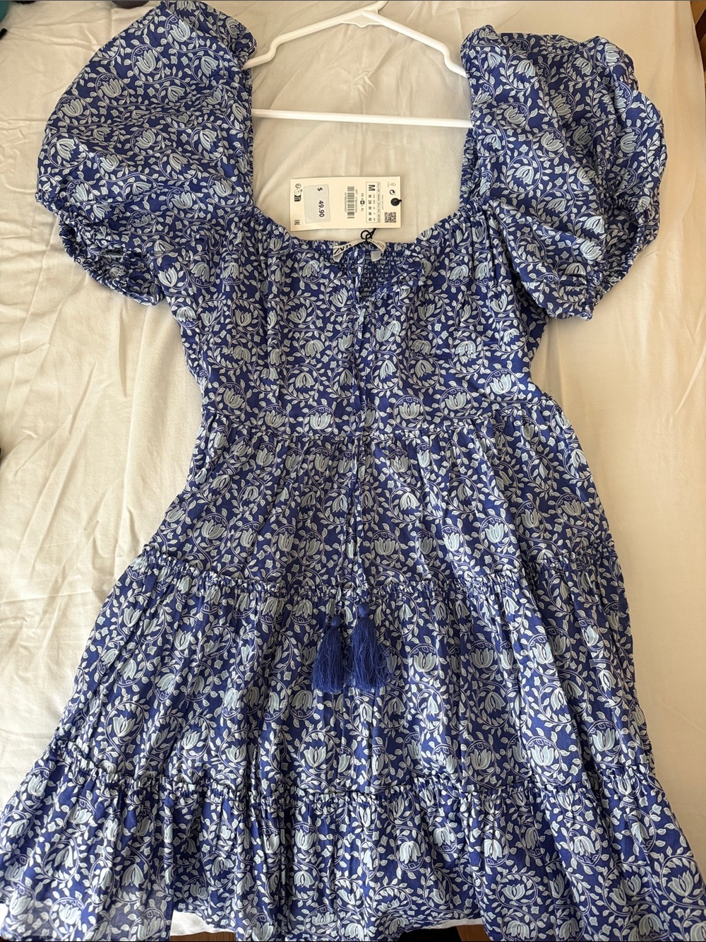Zara Blue Floral Mini Dress with Puff Sleeves
